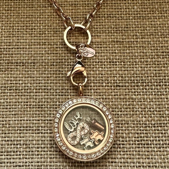Origami Owl® Rose Gold Twist Locket with Crystals, 30" Chain and 4 Love Charms - Picture 1 of 9